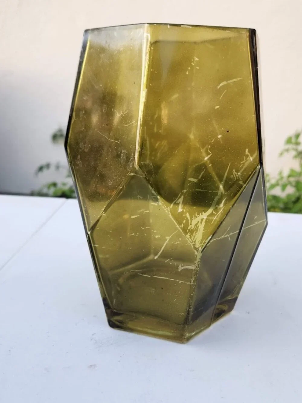 Beautiful Vintage Green Hexagon Vase Terrarium Decor Mid Century Modern Glass Ru